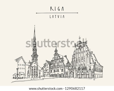 House of the Blackheads, St. Peters Church and statue of Roland in Riga old town, Latvia, Europe. Hand drawn postcard in vector