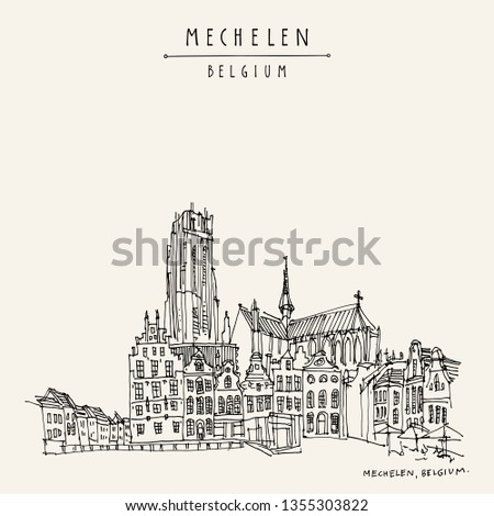 Mechelen, Belgium, Europe.  St. Rumbold's Cathedral on Grote Markt. Hand drawn travel postcard. Travel sketch. Hand drawing of Mechelen. Vintage hand drawn Belgium postcard. Vector illustration