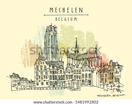 Mechelen, Belgium, Europe.  St. Rumbold's Cathedral on Grote Markt. Hand drawn travel postcard. Travel sketch. Hand drawing of Mechelen. Vintage hand drawn Belgium postcard. Vector illustration