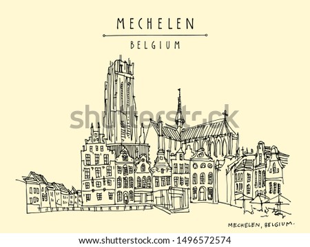 Mechelen, Belgium, Europe.  St. Rumbold's Cathedral on Grote Markt. Hand drawn travel postcard. Travel sketch. Hand drawing of Mechelen. Vintage hand drawn Belgium postcard. Vector illustration