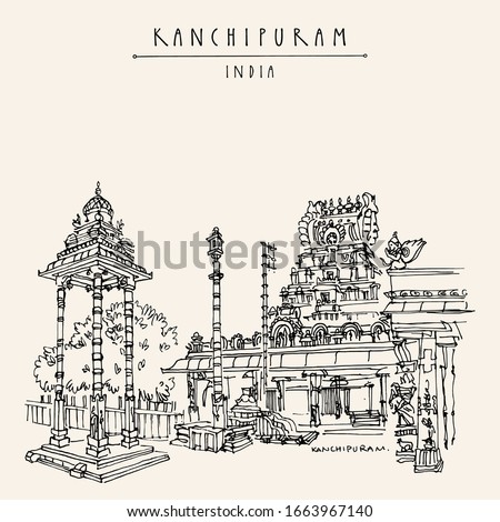 Kanchipuram (Kanchi), Tamil Nadu, India. Varadaraja Perumal Temple (Hastagiri, Attiyuran), one of the most sacred places for Vaishnavites. Travel sketch. Vintage hand drawn touristic postcard. Vector 