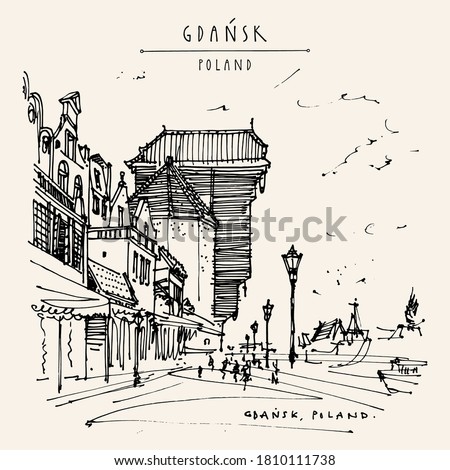 Vector Gdansk postcard. Old historical hanseatic city of Gdans, Poland, Europe. Famous Zurav Crane in the old center. Street in historic old town. Vintage travel hand drawn postcard