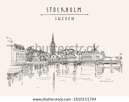 Vector Stockholm postcard. Panorama of Stockholm, Sweden, Scandinavia, Europe. Gamla Stan (Old town) travel sketch. Vintage touristic postcard, poster or book illustration in vector