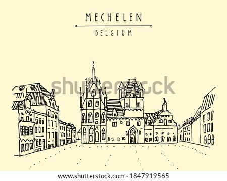 Mechelen, Belgium, Europe. Town hall  on Grote Markt. Hand drawn travel postcard. Travel sketch. Hand drawing of Mechelen. Vintage hand drawn Belgium postcard. EPS 10 vector illustration
