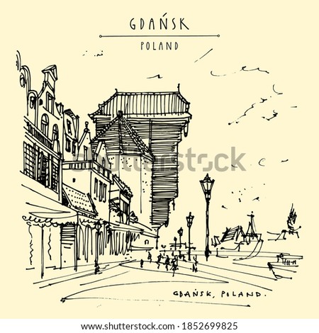 Vector Gdansk postcard. Old historical hanseatic city of Gdansk, Poland, Europe. Famous Zuraw Crane in the old center. Street in historic old town. Vintage travel hand drawn postcard