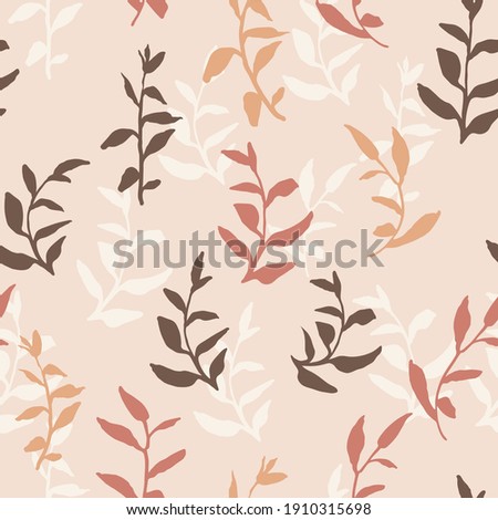 Vector minimal floral seamless pattern. Repeat boho art. Botanical seamless background in neutral muted earth tone colors. Bohemian leaf backdrop print. Mid Century Modern design. Vintage illustration