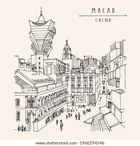 Vector Macao postcard. Upper view of old town. Macau (Macao), China, Asia is a gambling capital. Traditional Portuguese buildings, skyscrapers, casinos. Vintage hand drawn postcard