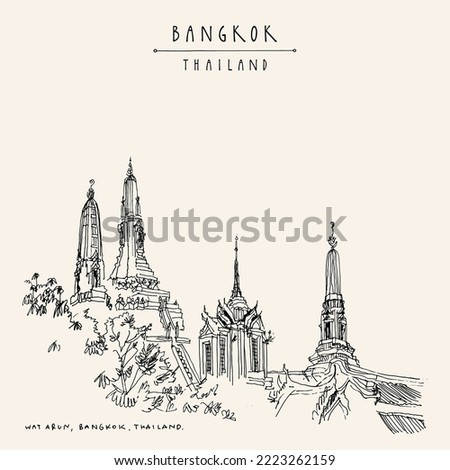 Vector Bangkok, Thailand, Asia postcard in retro style. Wat Arun (Temple of Dawn), famous venerated Buddhist temple the Chao Phraya River. Travel sketch. Vintage artistic hand drawn touristic postcard