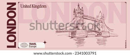 Vector London, England, United Kingdom banner. Famous Tower bridge on the river Thames. UK artistic travel sketch in vintage colors. Modern British hand drawn touristic ticket template