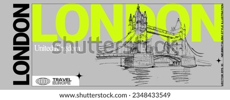 Vector London, England, United Kingdom banner. Famous Tower bridge on the river Thames. UK artistic travel sketch in modern colors. Modern British hand drawn touristic ticket template