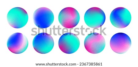 Vector round holographic gradient set. Vivid neon circles, buttons, spheres. Trendy fluid blurred icons or labels for mobile app, screen or print. Colorful circle mesh gradient UX elements pack
