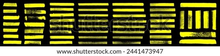 Straight marker line vector strokes. Yellow hand drawn stripes.Text highlighter pen, marker, brush, underlines strokes set. Rough grunge thick paint line texture. Vector sketch rectangle text boxes