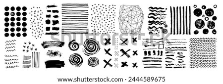 Grungy vector hand-drawn brushstroke textures on transparent background. Lines, circles, crosses, smears, dots spirals, waves, brush strokes, waves triangles and lattice. Messy hand drawn elements set