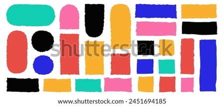 Set of vector cute rounded and square torn paper forms. Hand drawn wobbly line frame shapes. Vibrant sketchy curved rectangles, circles and arches. Information box kids sticker loose edges backgrounds