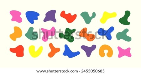 Summer elements for vector kids collage. Cutout Matisse-inspired blob shape kit. Collection of 21 quirky free form vibrant vintage colored cut out irregular shapes. Childish freeform stain stickers