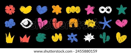 Cute vector abstract doodle shapes. Set of various modern kids hand-drawn hearts, clouds, stars, flowers, crowns and speech bubbles, eye, infinity signs, cactus, arch or rainbow and star fish stickers