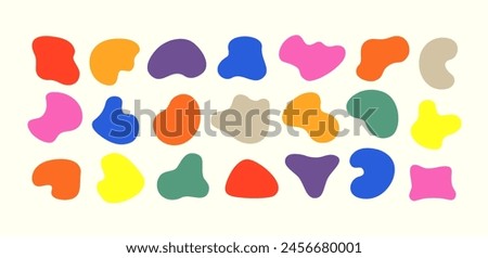 Set of vector modern amoeba shapes. Free form cutout design elements. 21 liquid shape stickers in vibrant vintage colors on off-white background. Organic fluid irregular freeform pattern illustration