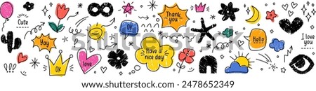 Cute vector glitter pen line doodles with hearts, sparks, arrows, speech bubbles in manga style. Expressions of love stickers. Cute Scandinavian doodle stickers. ADHD concept