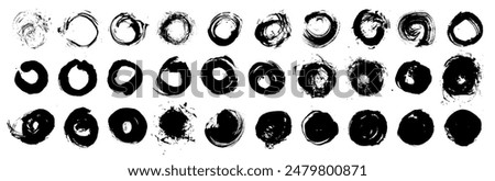 Grungy vector black ink circles. Brush hand drawn textured punk style round shapes. Artistic Chinese calligraphy, Korean design elements. Japanese enso zen circles. Each element is united. Sun symbols