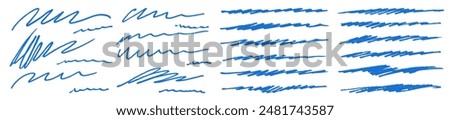 Blue pen scribble vector set. Thin brush stroke line collection. Blue color ballpen zigzag squiggles. Fake signatures on rough paper. Underline and strike through doodles. Messy grungy curved line kit