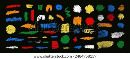 Pencil brush lines. Vector colorful crayon chalk scribbles. Kids abstract chalk scribbles in bright colors. Vector hand-drawn textured shapes. Oil pastel smears, scrawls, scratches. Kids crayon lines 