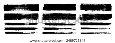 Straight line vector brush strokes. Black hand drawn stripes, smears. Chinese or Japanese calligraphy brushstrokes set. Rough grunge thick paint line texture. Vector sketch rectangle text boxes