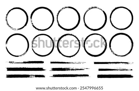 Japanese round brushstrokes. Vector Asian enso circles. Straight distress long lines set. Chinese black zen calligraphy elements. Abstract Buddhist border collection. Grungy punk artistic hand drawing