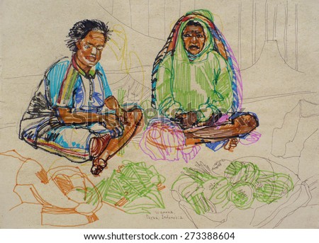 Two ladies sitting on sidewalk selling vegetables in Wamena, Jayawijaya, Papua province, Indonesia. Hand drawn illustration on natural color textured paper. Quick sketch drawing.