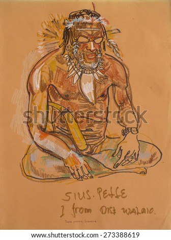 Chief Papuan tribal man in Wamena, Baliem valley, Jayawijaya, Papua province, Indonesia. Hand drawn illustration on natural color textured paper. Quick sketch drawing.
