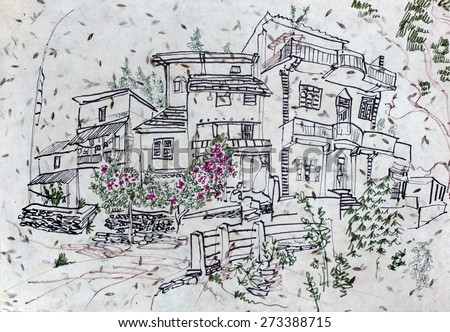 Hand drawing of historical buildings with balconies in old town of of Bandipur, Nepal. Travel sketch on Nepalese textured paper