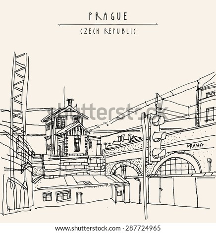 Hand drawn artistic illustration of old industrial buildings near bus station in Prague, Czech republic, Europe. Steam punk postcard template. Grungy drawing industrial greeting card design