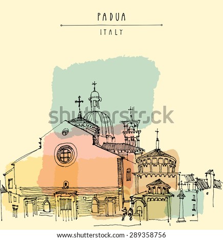 Cathedral of the Assumption of Mary of Padua, Roman Catholic church and minor basilica in Padua, Veneto, Italy. Isolated vector illustration. Historical building. Hand lettering. Postcard template