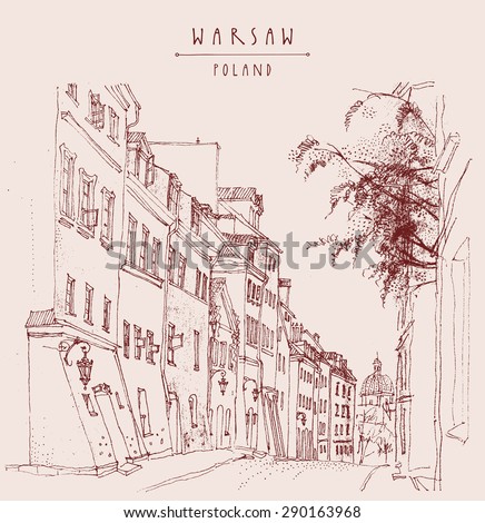 A street in old center of Warsaw, Poland, Europe. Historical buildings line art in retro colors. Artistic illustration. Travel sketch drawing, hand lettering. Vintage style postcard poster template
