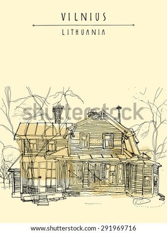 Artistic illustration of an old house in Vilnius, Lithuania, Europe. Isolated freehand drawing. Travel sketch. Greeting card template. Postcard design with hand lettered title and space for text