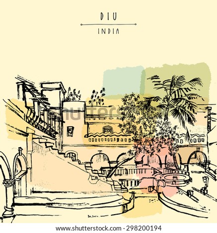 Diu, India. Amazing old traditional beautiful Portuguese colonial building. Artistic vector freehand drawing. Travel sketch. Touristic poster banner postcard template with copy space, hand lettering
