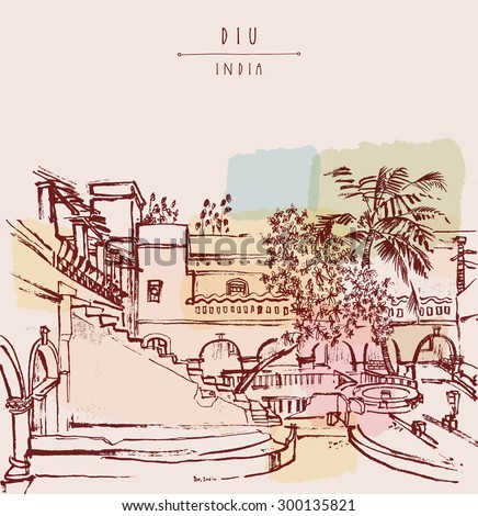 Diu, India. Amazing old traditional beautiful Portuguese colonial building. Artistic vector freehand drawing. Travel sketch. Touristic poster banner postcard template with copy space, hand lettering