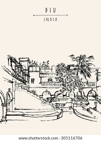 Diu, India. Amazing old traditional Portuguese colonial building. Artistic vector freehand drawing. Travel sketch. Touristic poster banner postcard template with \