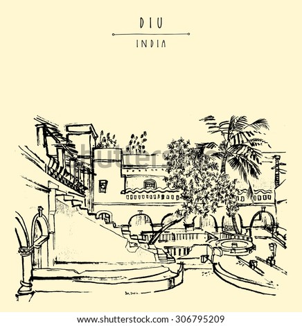 Diu, India. Amazing old traditional Portuguese colonial building. Artistic vector freehand drawing. Travel sketch. Touristic poster banner postcard template with 
