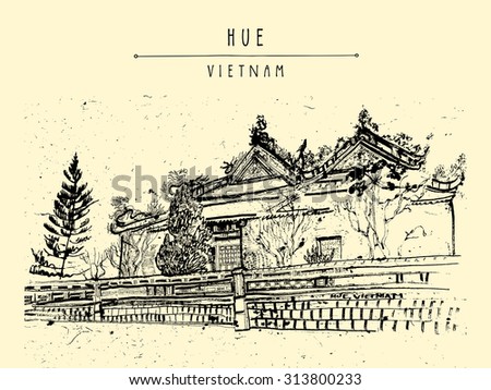 Hue, Vietnam. Citadel. Enlisted in UNESCO World Heritage Sites. Vintage drawing. Travel poster, banner, postcard or calendar page template in vector