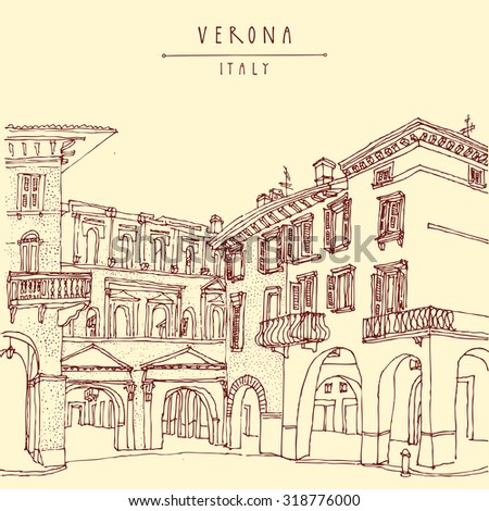 Italian city, Europe. Old historic buildings. Travel sketch. Vintage vector touristic postcard or poster