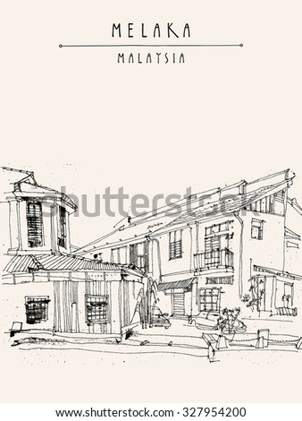 Houses on the river in Melaka, Malaysia, Southeast Asia. Colonial buildings. Vintage postcard - vector template