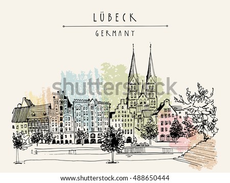 Hanseatic city of  Lubeck, Germany, Europe. Riverside. Historic buildings, trees, river Trave. Freehand drawing. Travel sketch. Vintage touristic postcard, poster or book illustration. Vector