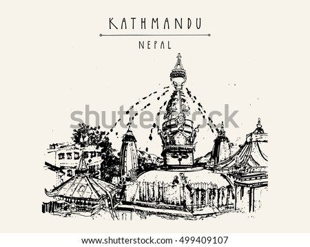 Swayambhu temple in Kathmandu, Nepal, before the earthquake. Travel sketch. Artistic hand drawing. Vintage touristic postcard, poster, book illustration in vector