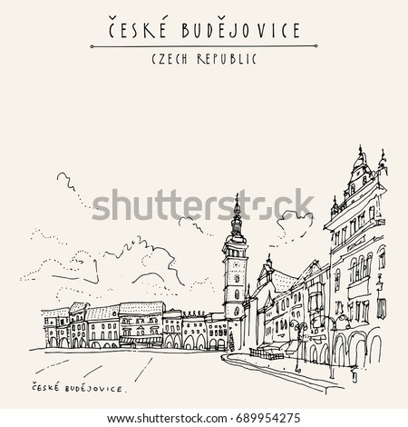 Ceske Budejovice (Budweis), South Bohemia, Czech Republic, Europe. European cityscape. Travel sketch. Hand drawn vintage touristic postcard, poster, book or calendar illustration in vector