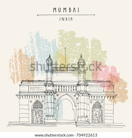 Gateway of India in Mumbai (Bombay), India. British monument in Indo-Saracenic style, 20th century. Cityscape sketch. Travel art. Vintage hand drawn postcard in vector