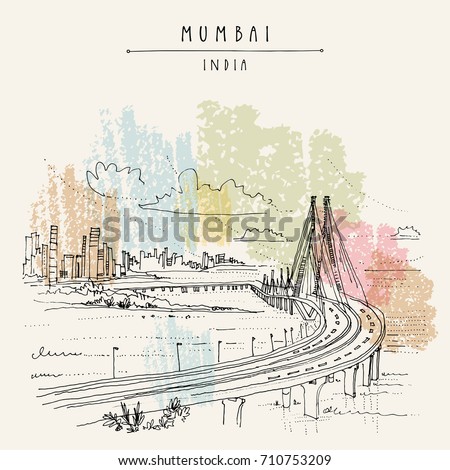 Bandra-Worli Sealink (Rajiv Gandhi Sea Link), a cable-stayed vehicular bridge in Mumbai (Bombay), India. Cityscape sketch. Travel art. Vintage hand drawn postcard in vector