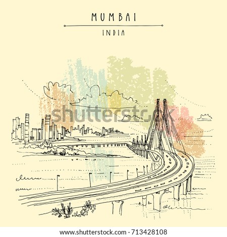 Bandra-Worli Sealink (Rajiv Gandhi Sea Link), a cable-stayed vehicular bridge in Mumbai (Bombay), India. Cityscape sketch. Travel art. Vintage hand drawn postcard in vector