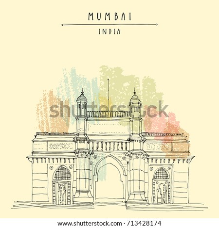 Gateway of India in Mumbai (Bombay), India. British time monument in Indo-Saracenic style, 20th century. Cityscape sketch. Travel art. Vintage hand drawn postcard in vector