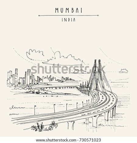 Bandra-Worli Sealink (Rajiv Gandhi Sea Link), a cable-stayed vehicular bridge in Mumbai (Bombay), India. Cityscape sketch. Travel art. Vintage hand drawn postcard in vector