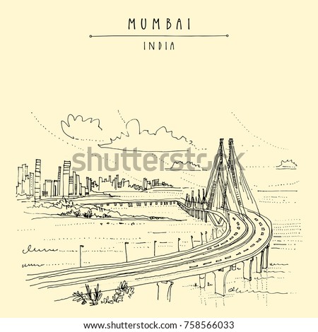 Bandra-Worli Sealink (Rajiv Gandhi Sea Link), a cable-stayed vehicular bridge in Mumbai (Bombay), India. Mumbai seafront view. Cityscape sketch. Travel art. Vintage hand drawn postcard in vector